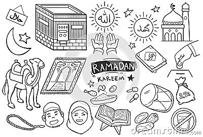 Set of hand drawn doodle Ramadan holy month related. Vector Illustration