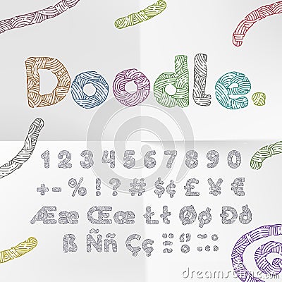 Doodle text font alphabet numbers with wool knitted texture. Vector cartoon hand drawn letters of woven textile lines or color Vector Illustration