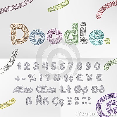 Doodle text font alphabet numbers with wool knitted texture. Vector cartoon hand drawn letters of woven textile lines or color cha Vector Illustration