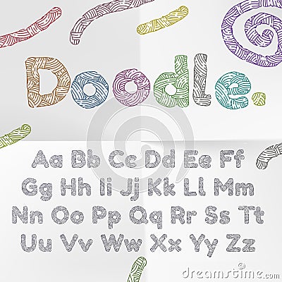 Doodle text font alphabet with wool knitted texture. Vector cartoon hand drawn letters of woven textile lines or color chalk Vector Illustration