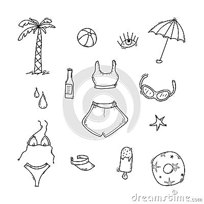 Doodle travel accessories set, palm, sea star, sunglasses, lollipop, umbrella, rainbow, cap, bottle, tank top, shorts Vector Illustration