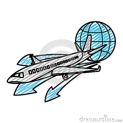 Doodle travel airplane transport with global symbol Vector Illustration