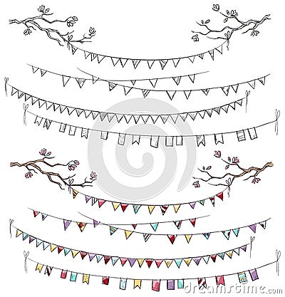 Doodle tree branches and party flags. Vector Illustration