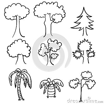 Doodle tree collection handdrawn cartoon style Vector Illustration