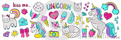 Doodle unicorn stickers. Pop art fashion elements, modern trendy comic 90s icons. Vector cartoon rainbow cat heart star Vector Illustration
