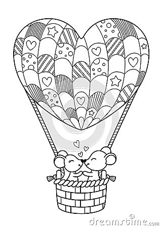 Doodle valentine coloring book page Loving mice in a heart-shaped hot air balloon Cartoon Illustration