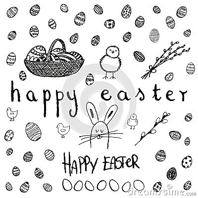 Doodle vector Easter set. BW Vector Illustration