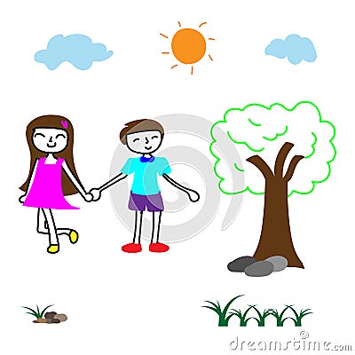 Doodle vector happy innocent boy and girl hold one`s hands in the park, children`s playground in the bright day Vector Illustration