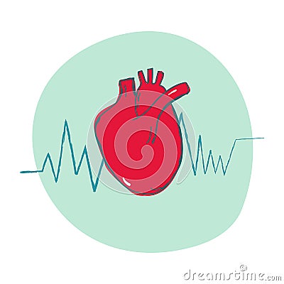 Doodle Vector Illustration Anatomical Realistic Human Heart with electrocardiogram. Cardiology healthcare Vector Illustration