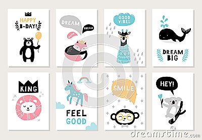 Cute hand-drawn animals on postcards: bear, fox, giraffe, seal, lion, unicorn, monkey and koala. Vector Illustration