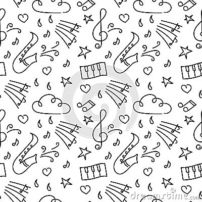 Doodle vector seamless background. Hand drawn Music concert, festival. Black and white Cartoon Illustration