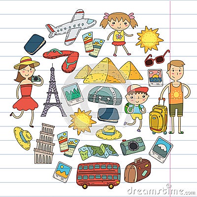 Doodle vector set Travel , vacation, adventure. Children with parents Preparing for your journey. Kindergarten, school Vector Illustration