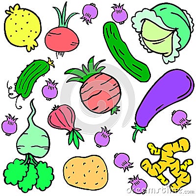 Doodle of vegetable various colorful set Vector Illustration