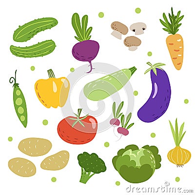 Doodle vegetables set. Cucumbers, beet, mushrooms, carrot, green pea, pepper, zucchini, eggplant, tomato, radish, potatoes, brocco Vector Illustration