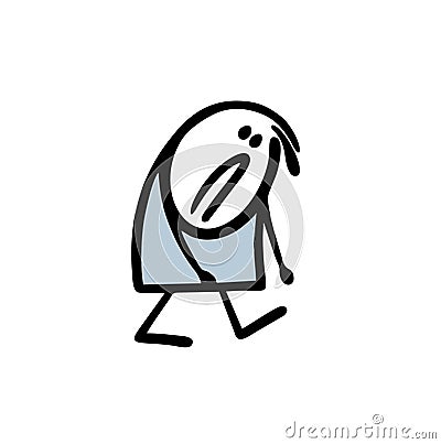 Doodle very tired stickman walks with a sad face and lowered hands. Vector illustration of person in depression. Vector Illustration