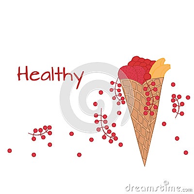 Doodle wafer cone with fruits and berry Stock Photo