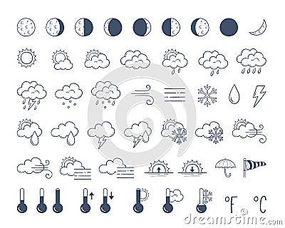 Doodle weather icons pack. Hand drawn icon set. Vector Illustration