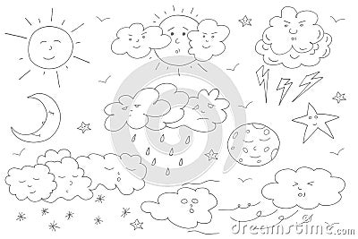 Doodle weather set in gray color. Hand drawn elements. Vector Illustration