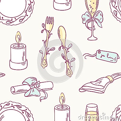 Doodle wedding table decoration seamless pattern. Hand drawn celebration background Vector Illustration