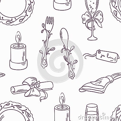 Doodle wedding table decoration seamless pattern. Hand drawn outline background Vector Illustration