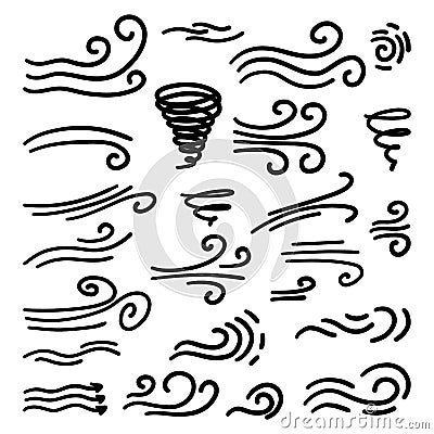 Doodle wind lines. Air sketch. Cartoon hand drawn windmill. Vector wave clipart Vector Illustration