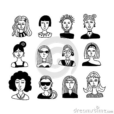 Doodle woman. Hand drawn female faces with contemporary haircut and glasses, social media user avatars, hipster woman portrait, Vector Illustration