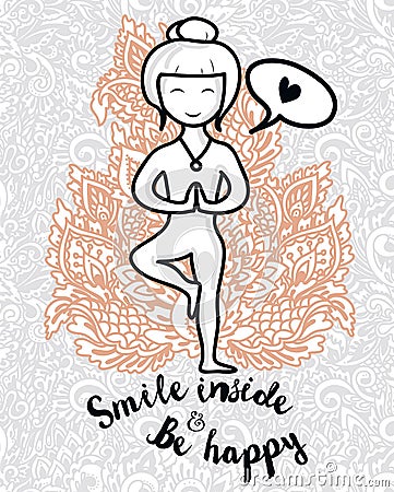 Doodle woman in yoga asana and paisley ornament Vector Illustration