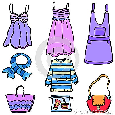 Doodle of women clothes bag and accessories Vector Illustration