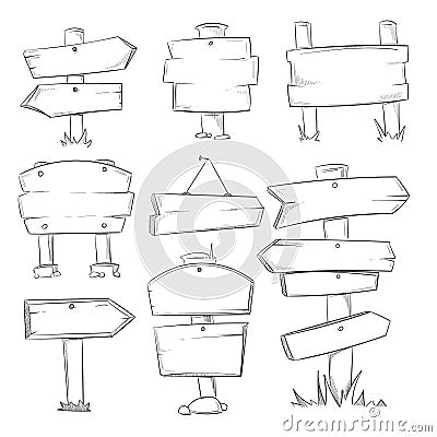 Doodle wood signs, hand drawn wooden direction arrows vector set Vector Illustration