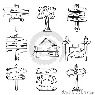 Doodle wood signs. Hand drawn wooden signpost and arrows sketch. Retro street road sign post showing direction isolated Vector Illustration