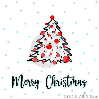 Doodle xmas tree greeting card with Merry Christmas lettering. Doodle xmas tree with spruce needles, red garland and Vector Illustration