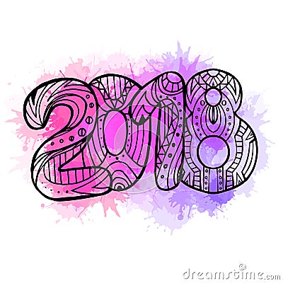 Doodle year 2018 with boho pattern and watercolor splashes. New year. Vector Illustration