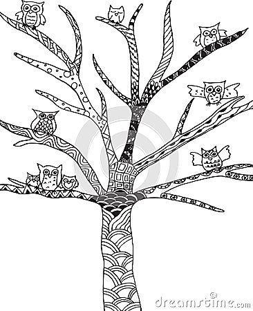 Doodle, zentangle owls tree. Stock Photo