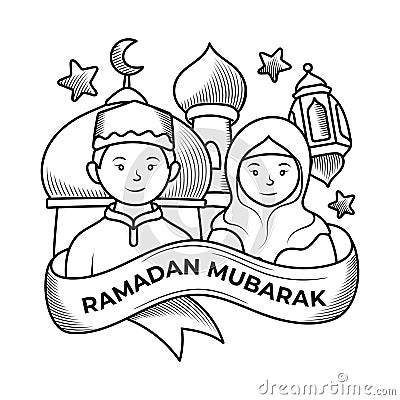 Muslim couple greeting eid ramadan doodle illustration Cartoon Illustration