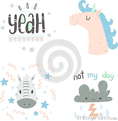 Hand drawn cute doodle animals and lettering. Vector Illustration