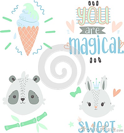 Hand drawn cute doodle animals and lettering. Vector Illustration