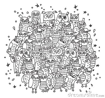 Doodles birds group black and white owls Vector Illustration