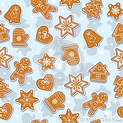 Doodles Christmas Cookies. Gingerbread - Vector Seamless pattern. Christmas wallpaper. Vector Illustration