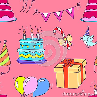 Doodles Colorful Seamless Birthday Party Theme Pattern. Vector Iluustration EPS 10. Vector Illustration