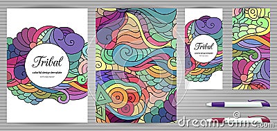 Doodles Corporate Identity and Stationery Templates Set . Colorful zentangle doodle design template. Ethnic tribal wavy set Cartoon Illustration