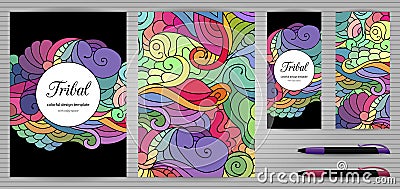 Doodles Corporate Identity and Stationery Templates Set . Colorful zentangle doodle design template. Ethnic tribal wavy set Cartoon Illustration