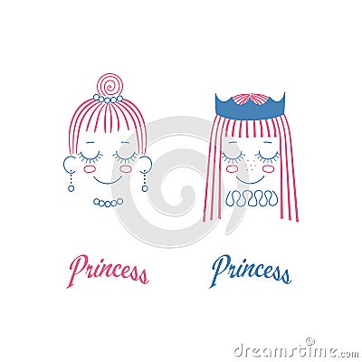 Doodles of cute girl faces with long hair, crown, pleated collar Vector Illustration