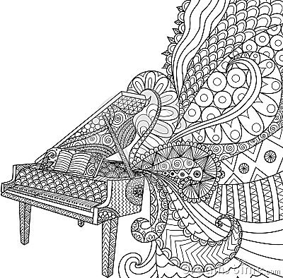 Doodles design of piano for coloring book for adult, poster, cards, design element, T- Shirt graphic and so on - Stock Vector Illustration