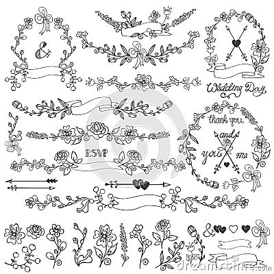 Doodles floral decor set.Wreath,Borders,elements Vector Illustration