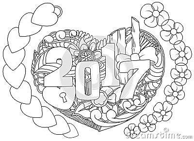 Doodles hand drawn 2017 year with symbol and new year theme items form heart Vector Illustration