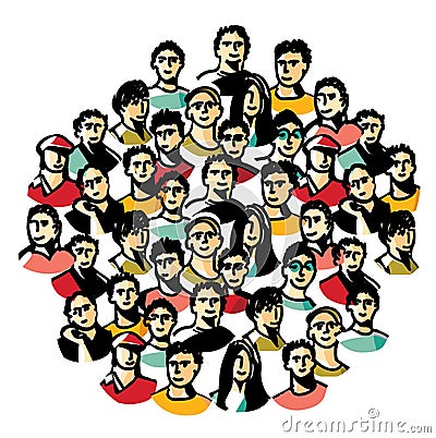 Doodles happy big group people isolated on white Vector Illustration