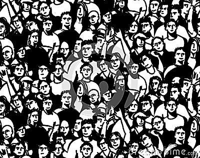 Doodles happy crowd people audience black and white seamless pattern Vector Illustration