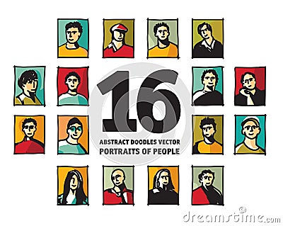 Doodles people icons portraits avatars abstract faces Vector Illustration