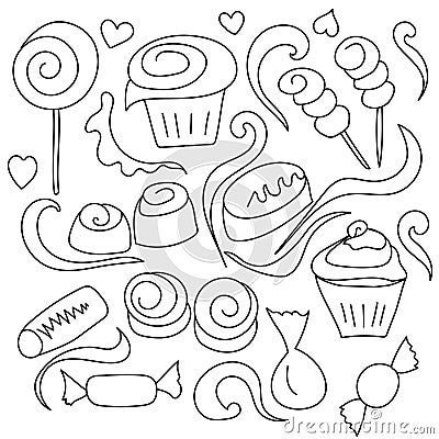 Doodles about sweets, candies, marshmallows, cupcakes and decorative elements in the form of hearts and curls, vector outline Vector Illustration