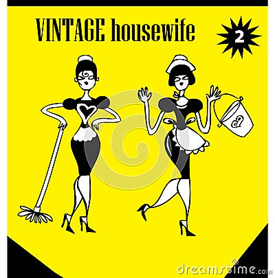 Doodles Vintage Clip Art woman mopping /advertising icons, background Stock Photo